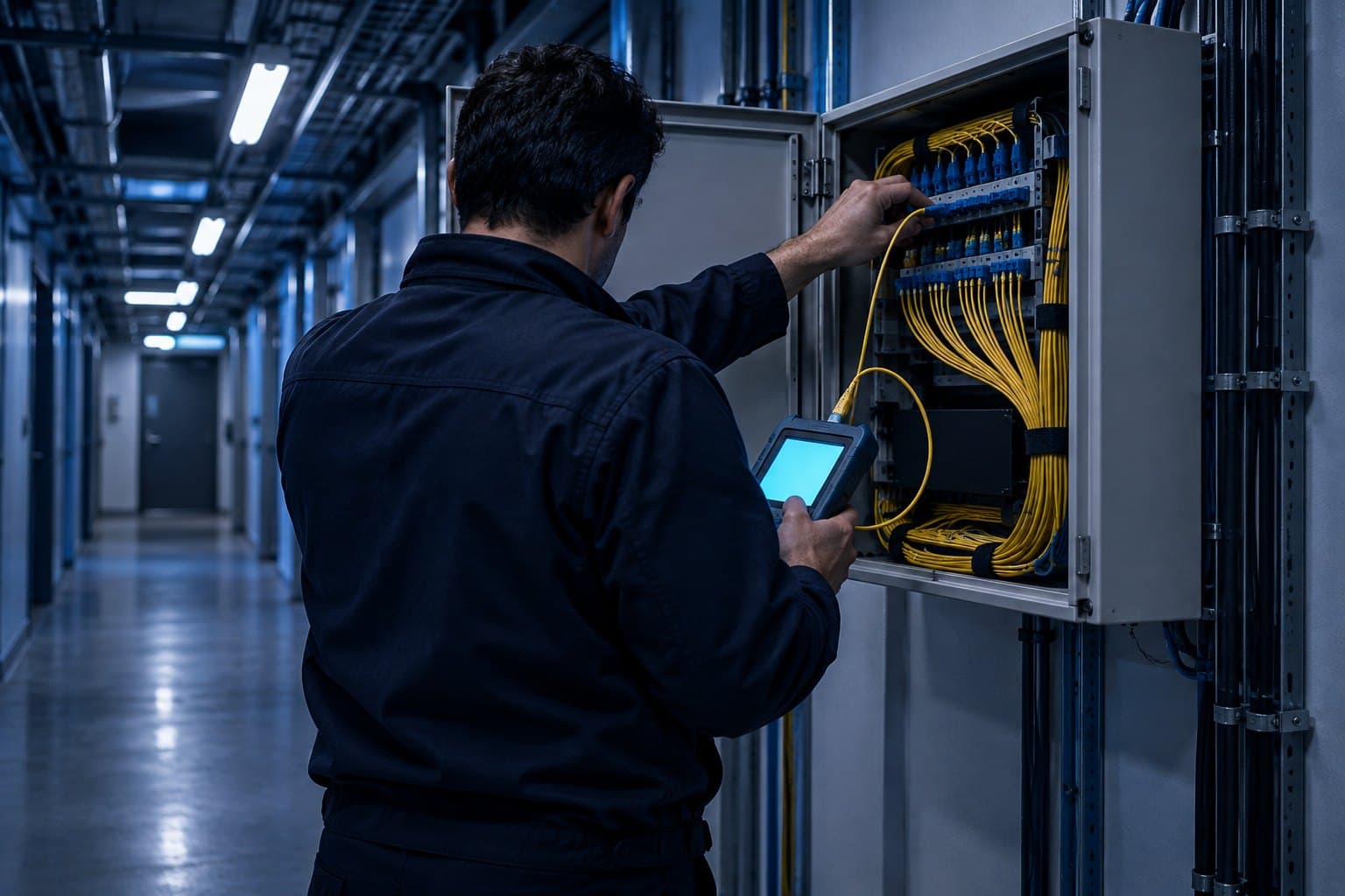 Técnico de costas instalando cabos de fibra óptica num armário de telecomunicações