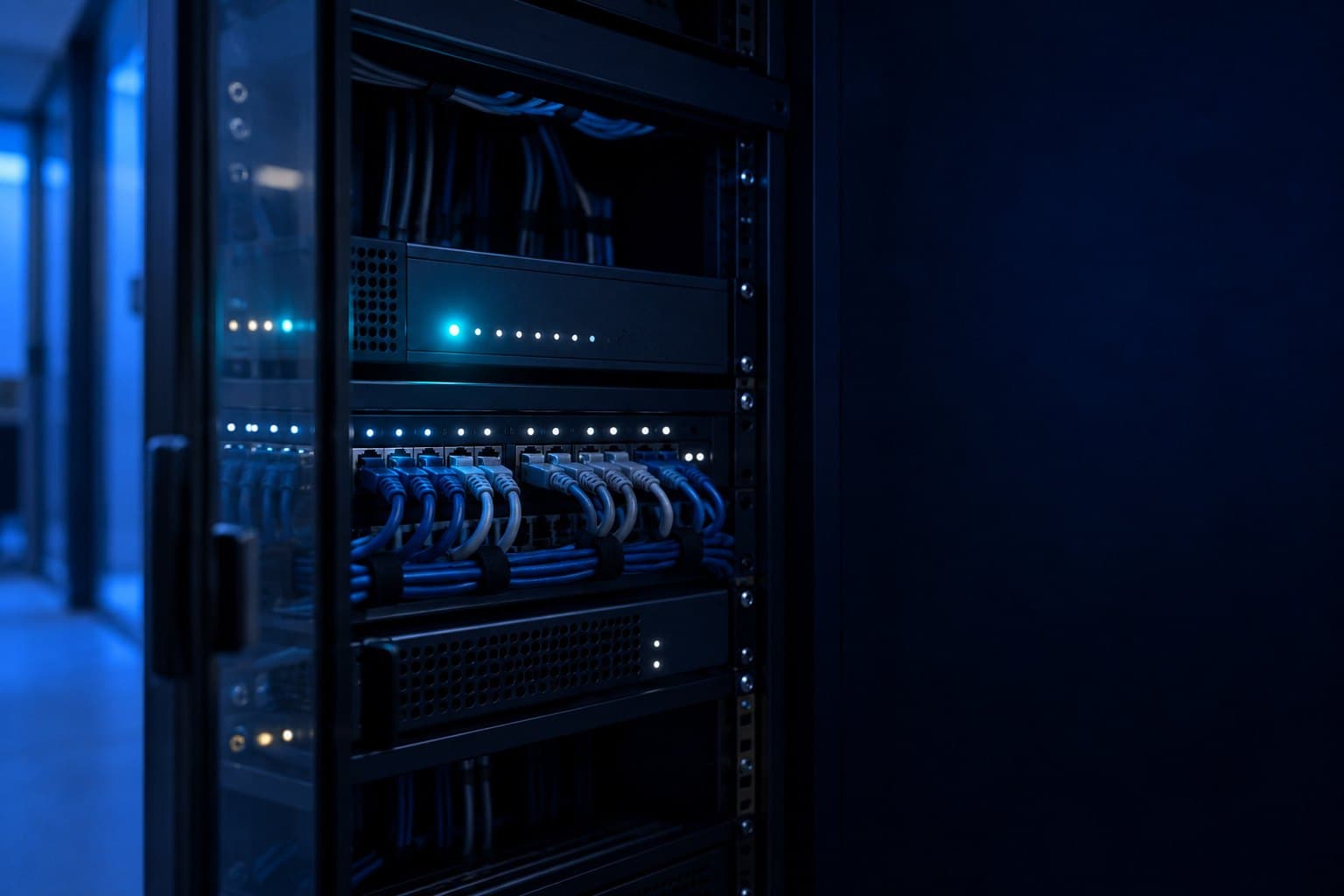Rack de rede de uma empresa com roteador e switch, luzes de status acesas